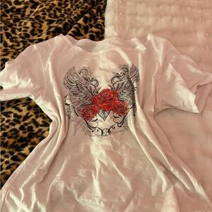 Women's Pink Tee with Red Rose and Wing Graphic